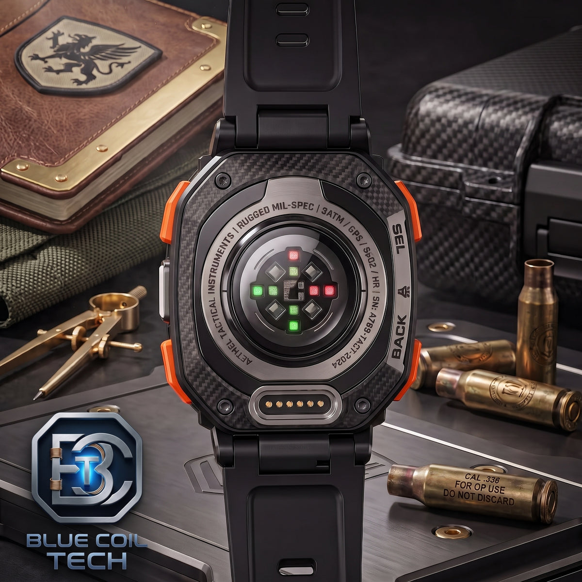 A rugged black tactical watch with bright orange accents and a carbon-fiber-textured dial, shown in a styled tabletop scene with bullets, a leather notebook, and a carbon-fiber case. A Blue Coil Tech logo appears in the lower-left corner.