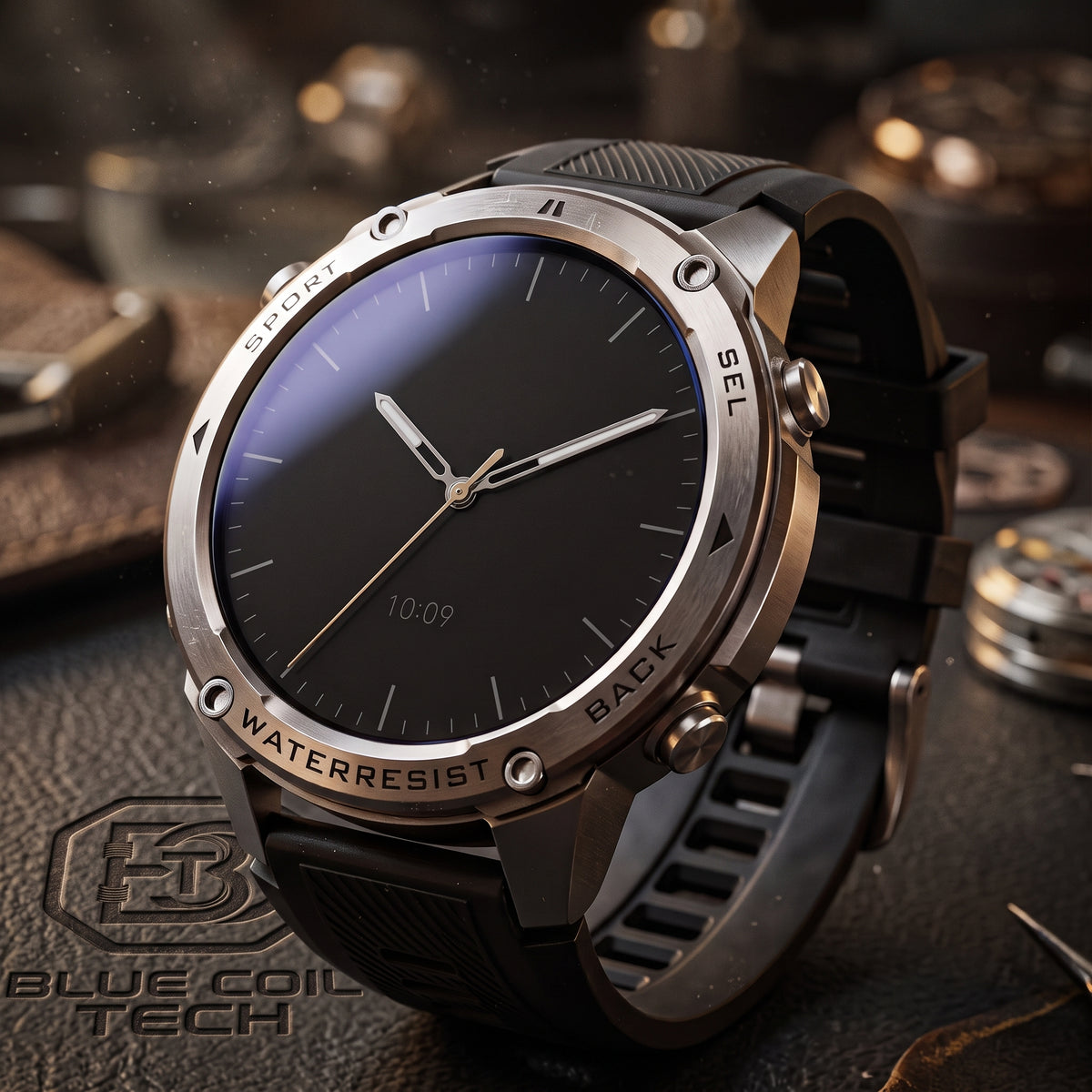 A rugged smartwatch with a black dial, brushed metal case, and black textured strap, photographed in a dark styled setting with blurred mechanical parts in the background. The watch face shows the time 10:09 and includes visible text such as WATERRESIST, SEL, BACK, and SPILIT.