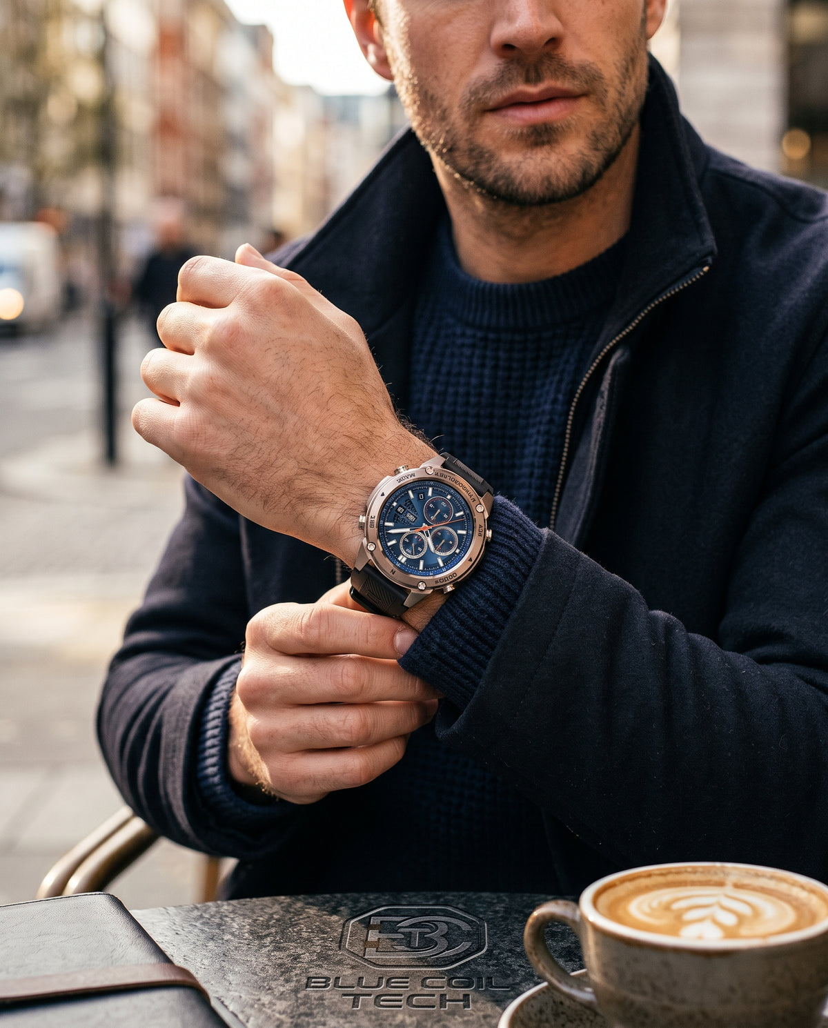 A man wearing a rugged dark blue and brown watch with a black strap, sitting at an outdoor cafe table with a cup of coffee nearby. The watch face is blue with silver and brown details.
