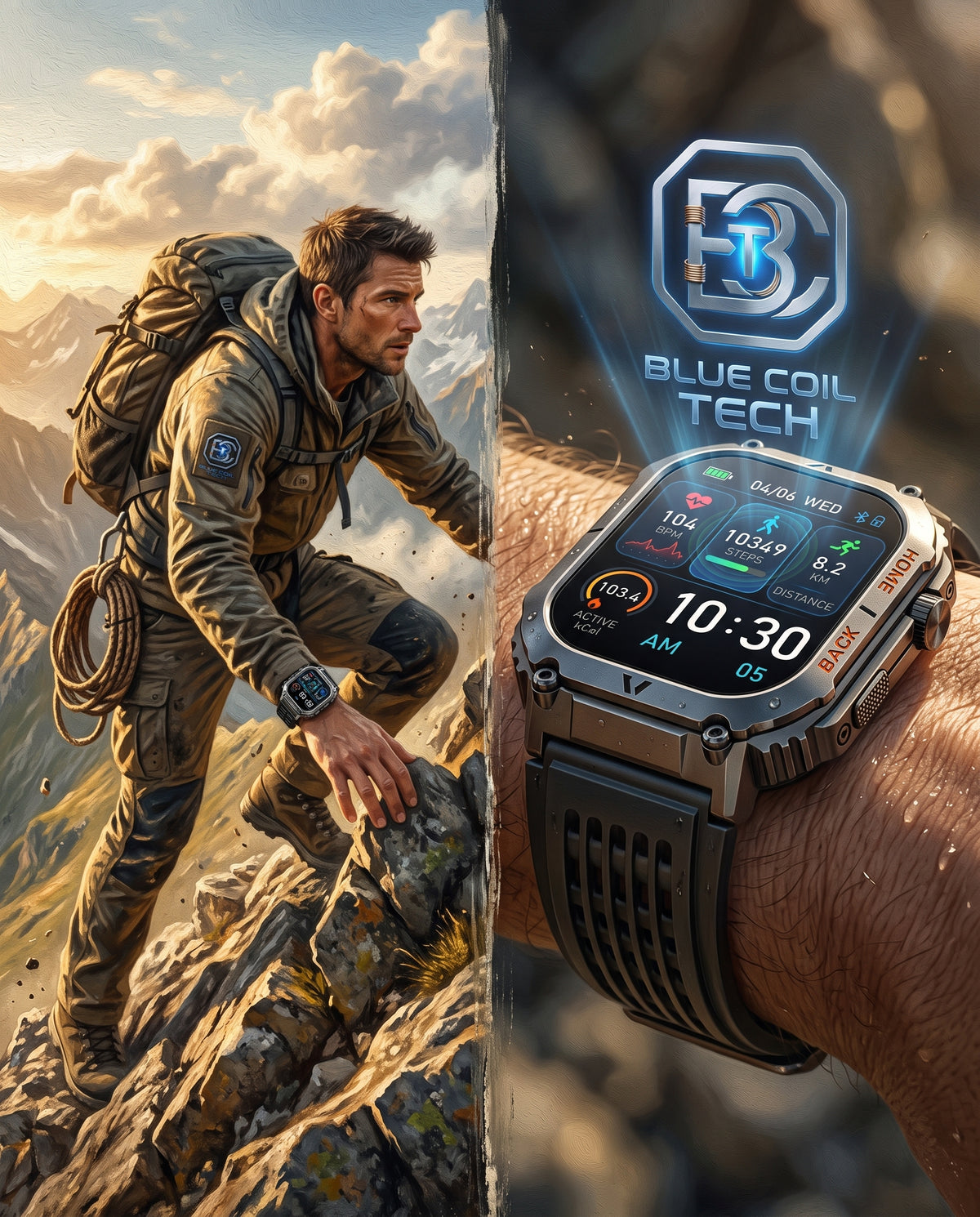 A rugged smartwatch with a black strap and metallic silver casing is shown worn on a person's wrist, alongside a split background featuring an illustrated mountain-climbing scene and a glowing 'BLUE COIL TECH' logo.