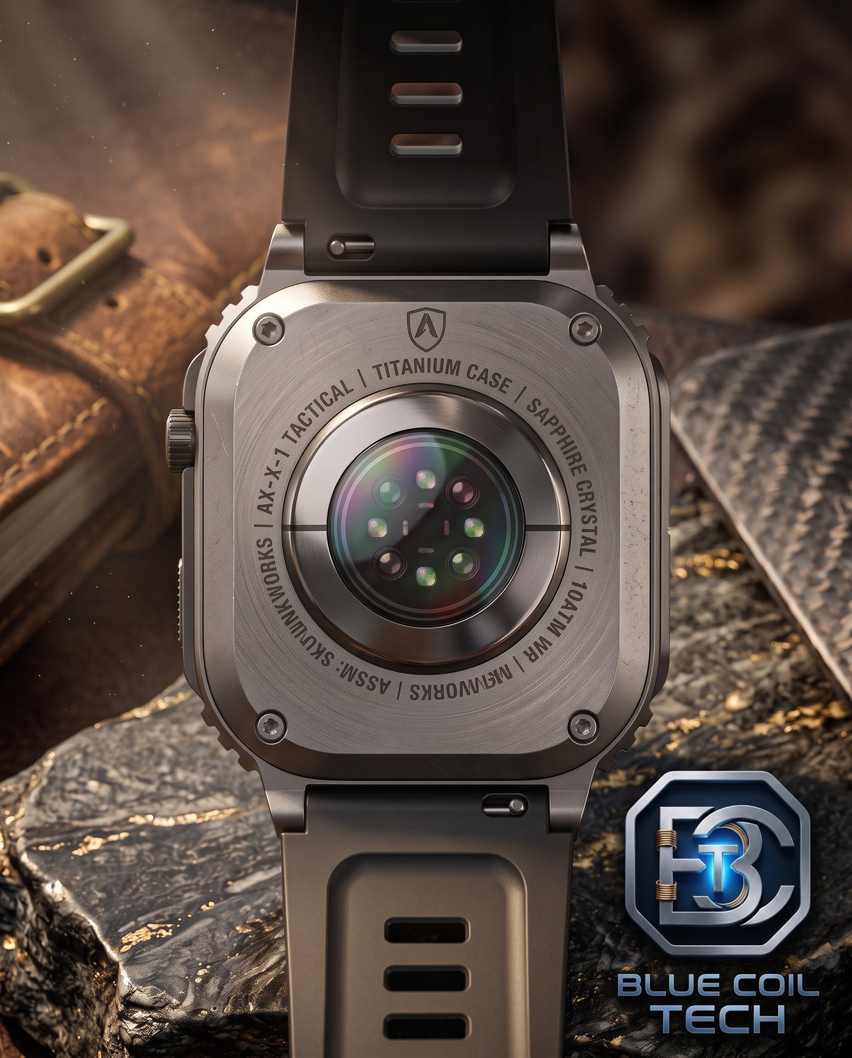 Close-up of the back of a rugged smartwatch with a metallic titanium case and black strap, resting on textured stone with a leather strap in the background. The brand logo and 'BLUE COIL TECH' mark are visible.