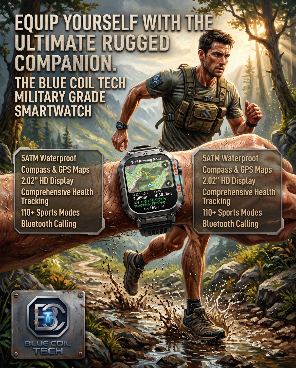  Graphic for the Blue Coil Tech Trail Runner smartwatch, featuring a rugged outdoor scene with a man running through a forest stream, overlaid with product specs and a large close-up of the watch on a person's wrist.