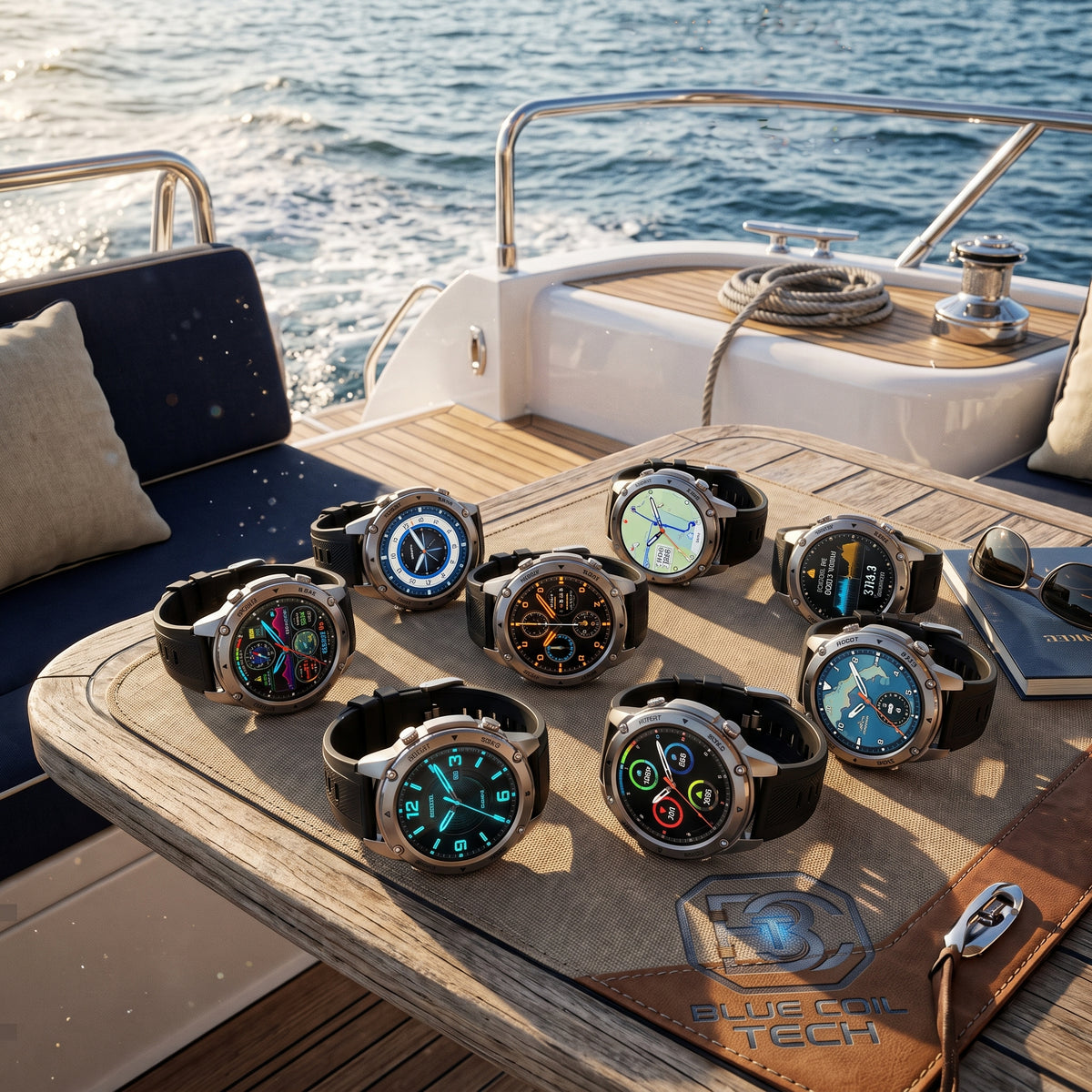 Eight smartwatches with black straps and silver-toned cases are arranged on a wooden table on a boat deck, with the ocean and boat cabin visible in the background. One watch strap is attached to a brown leather lanyard with a blue logo.