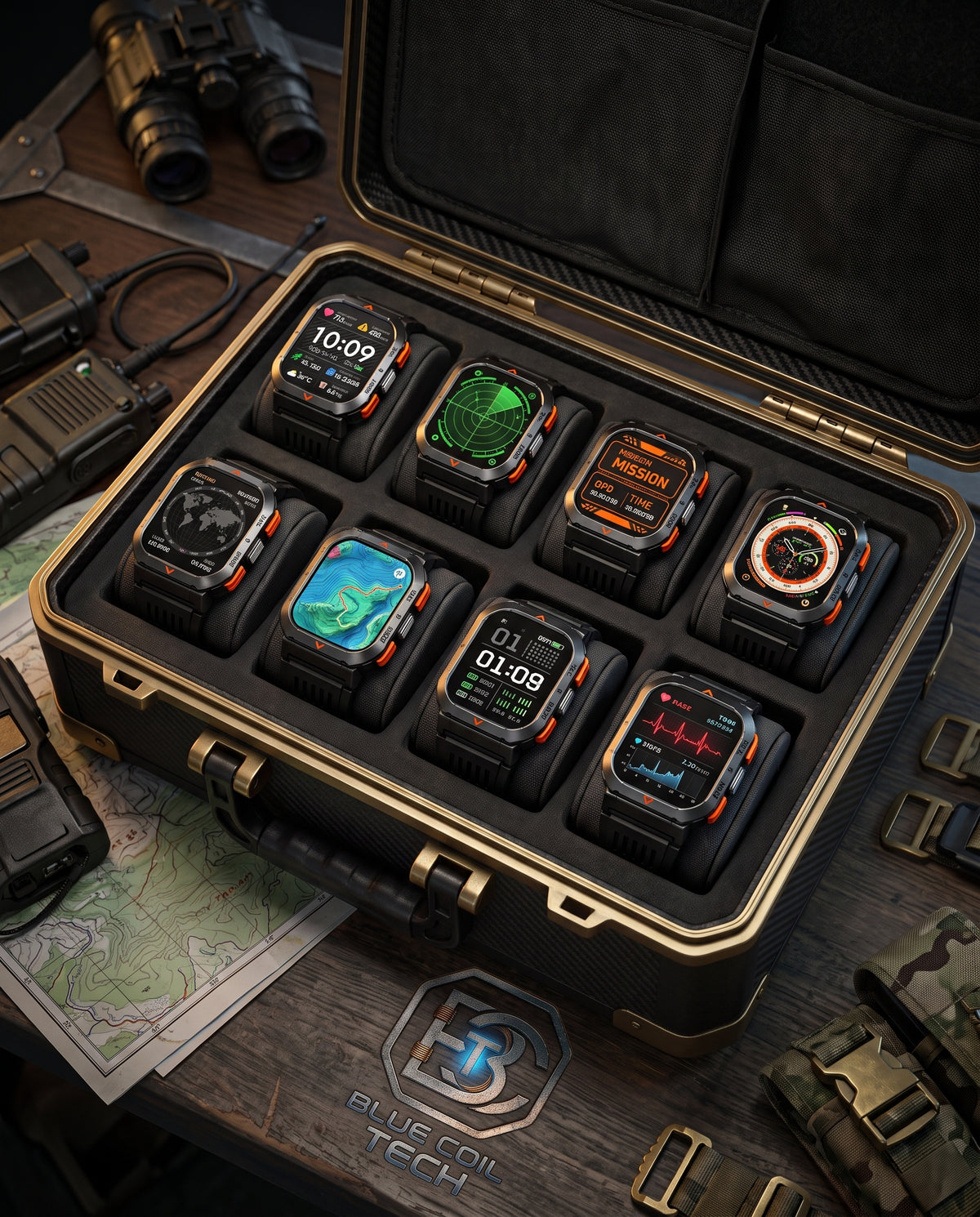 An open black tactical carrying case with gold-toned hardware holds eight smartwatches arranged in a foam grid. The watches have black cases and colorful digital displays, and the scene is styled on a wooden table with outdoor gear and a visible Bluecoil Tech logo.