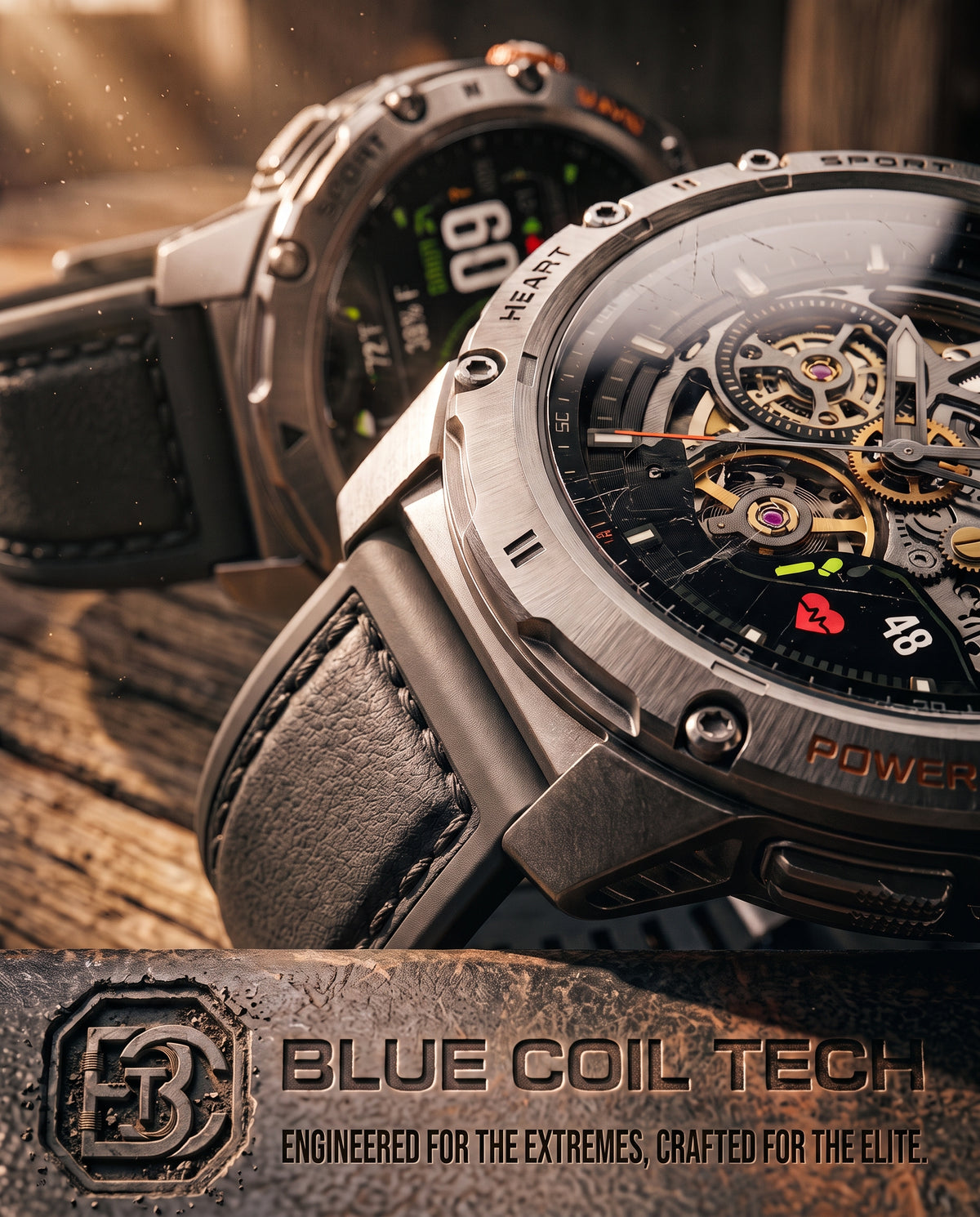 Two rugged smartwatches with black leather straps and metallic cases, one in front of the other on a wooden surface. The front watch has a detailed skeleton dial showing internal gears and a black bezel with orange accents.