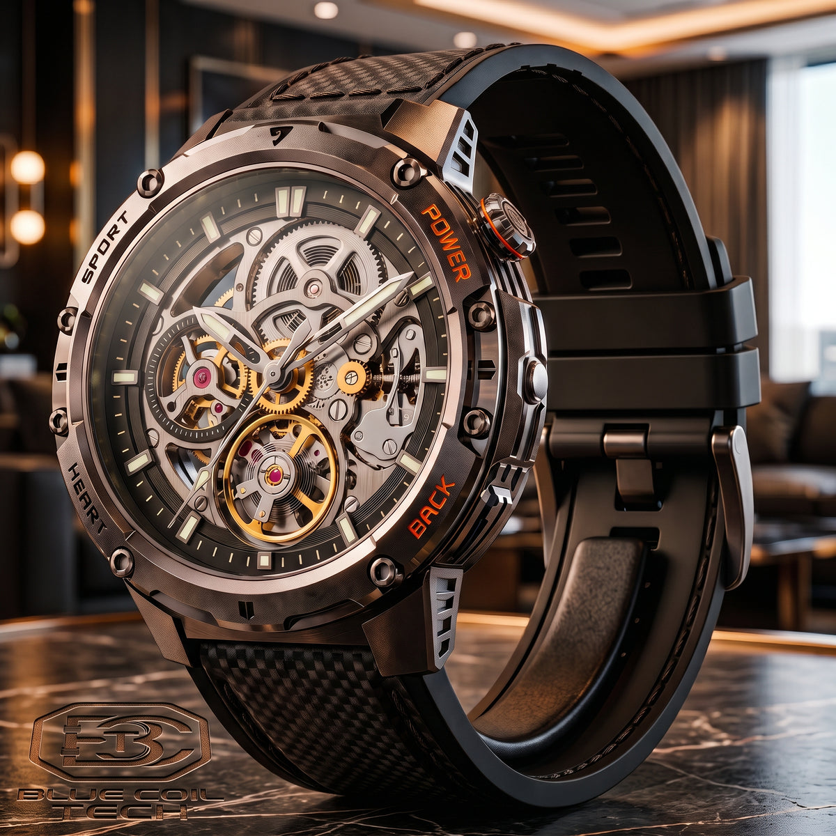 A luxury skeleton watch with a black carbon-fiber strap, featuring a transparent dial that reveals intricate gold and silver mechanical gears. The watch is set against a blurred upscale interior background.