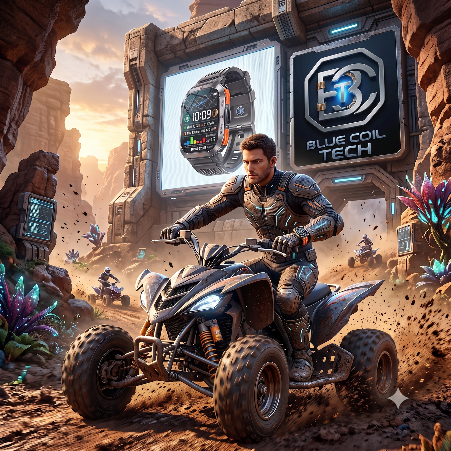 Man on a ATV in a rocky canyon passing a massive Blue Coil Tech tactical smartwatch billboard.