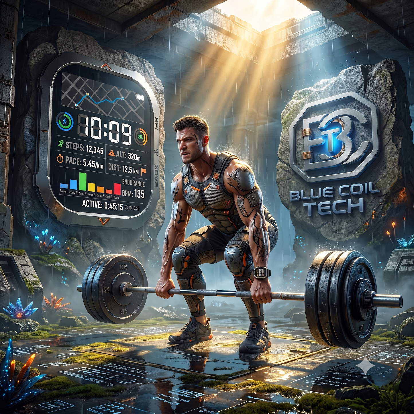Man deadlifting in a cave beside a giant Blue Coil Tech tactical smartwatch displaying fitness stats.