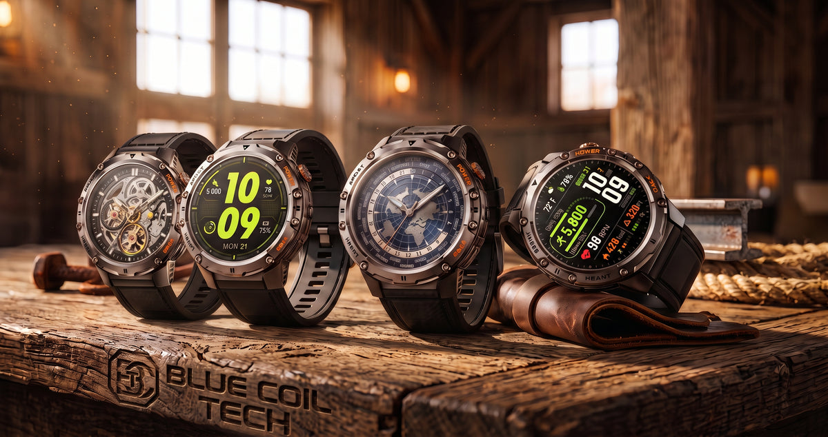 Four rugged smartwatches with black and dark gray cases are arranged on a rustic wooden surface in a warm, industrial interior setting. The watches display different digital watch faces, and one has a brown leather strap resting beside it.