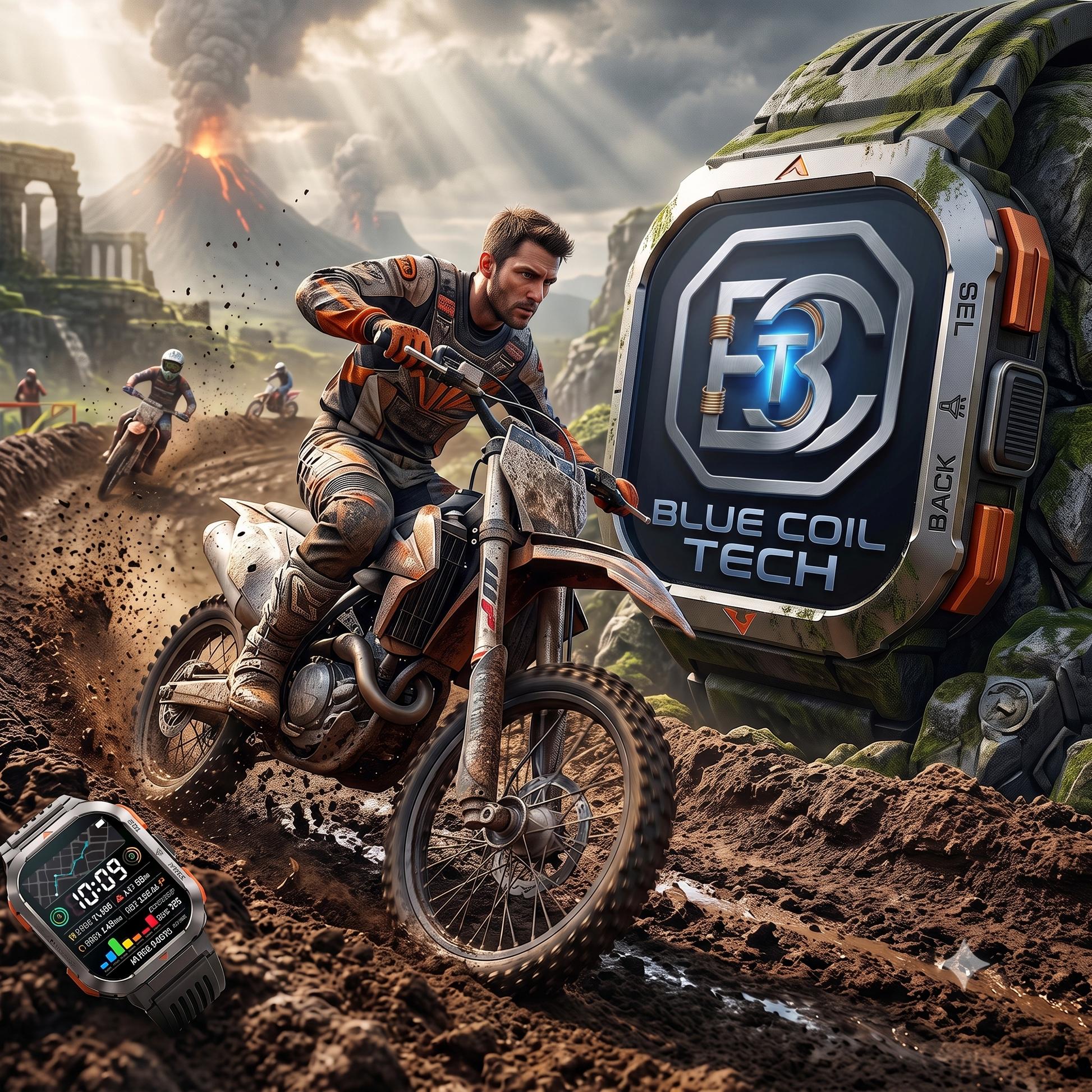 Dirt biker on a mud track passing a massive Blue Coil Tech tactical smartwatch monument and race face overlay.