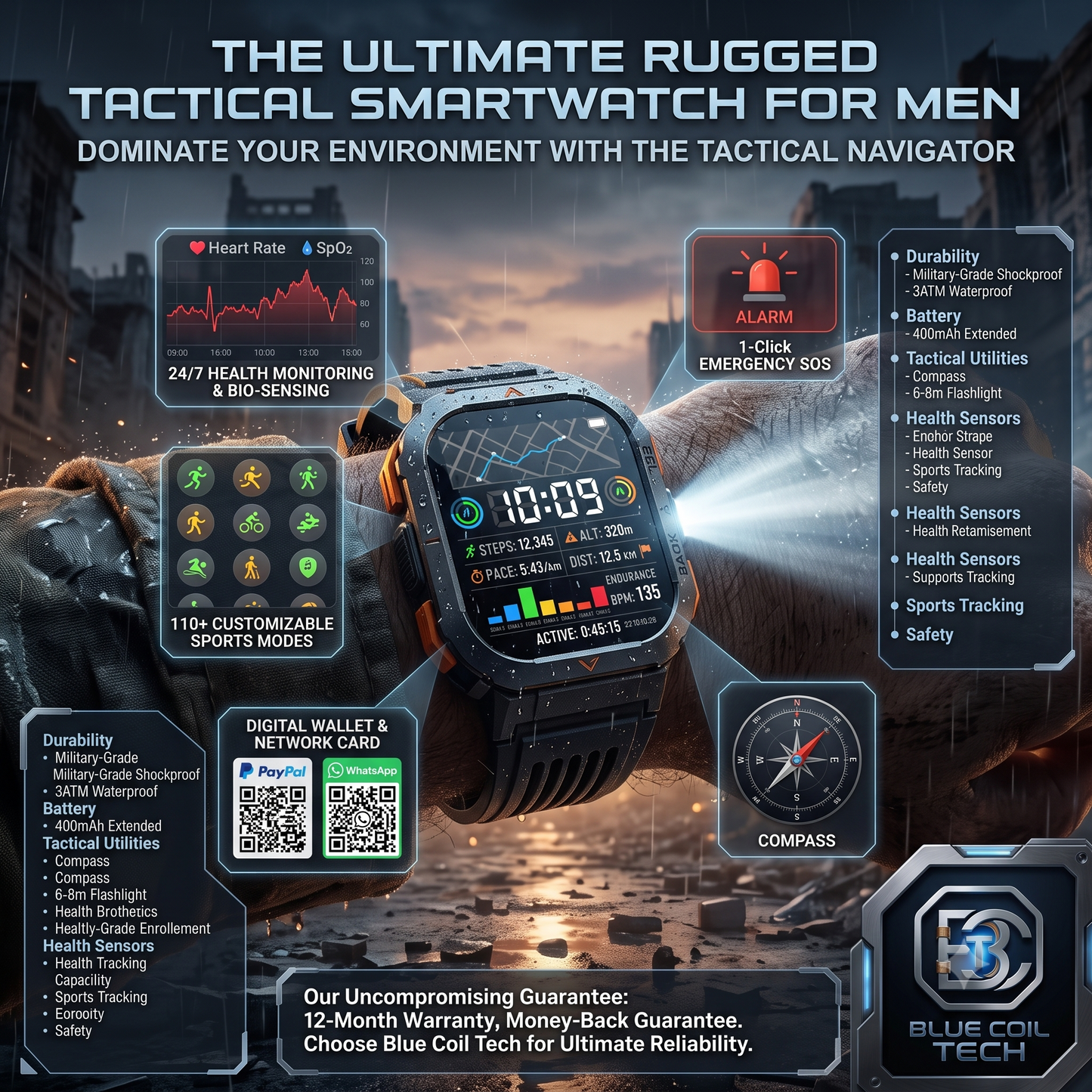 Blue Coil Tech tactical smartwatch infographic displaying health tracking, 110+ sports mdes, compass, and emergency SOS.