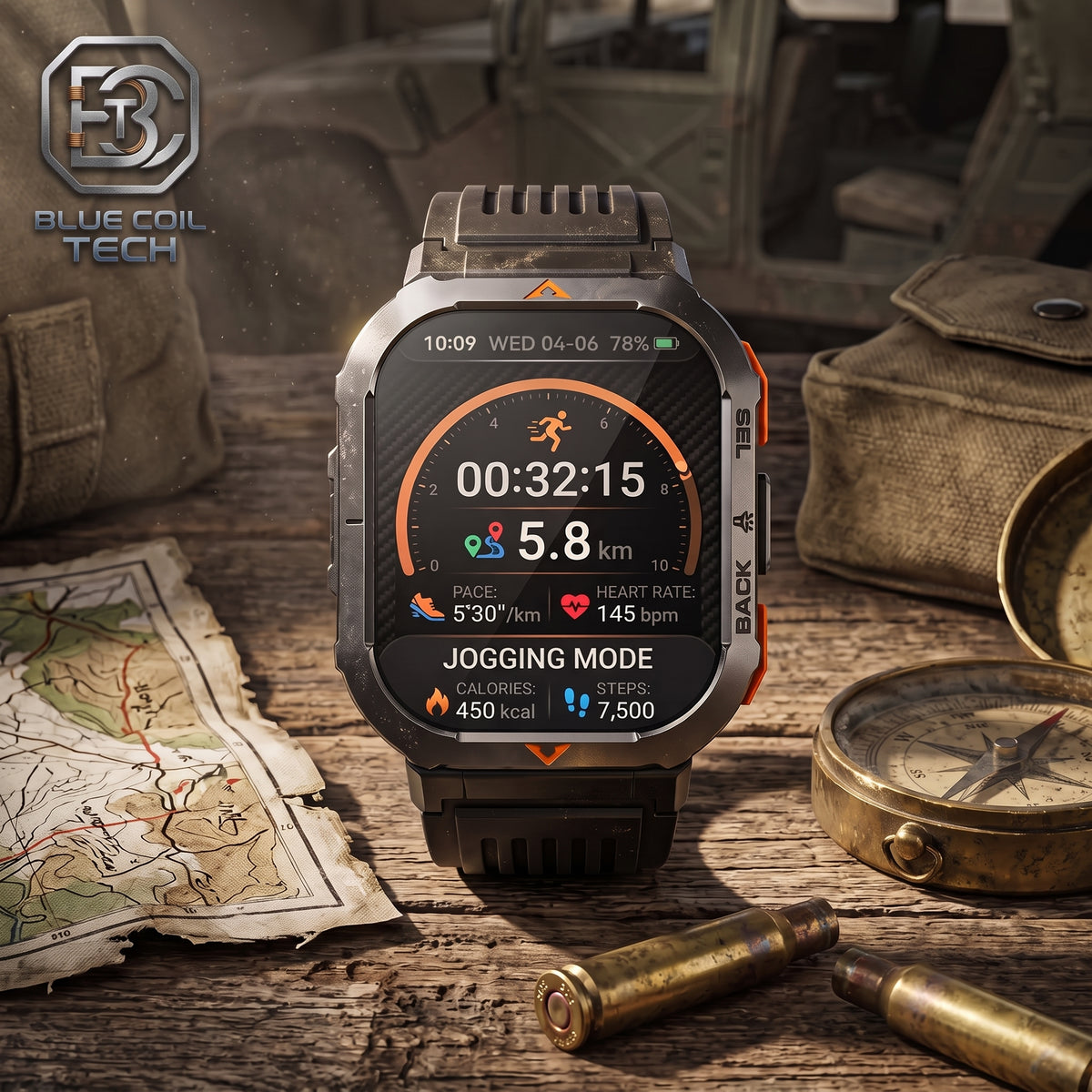 A rugged smartwatch with a dark gray and black strap and orange accents, shown on a wooden table with a map, compass, and bullet casing in a styled outdoor setting. The watch screen displays fitness metrics, and the Blue Coil Tech logo is visible in the top left corner.