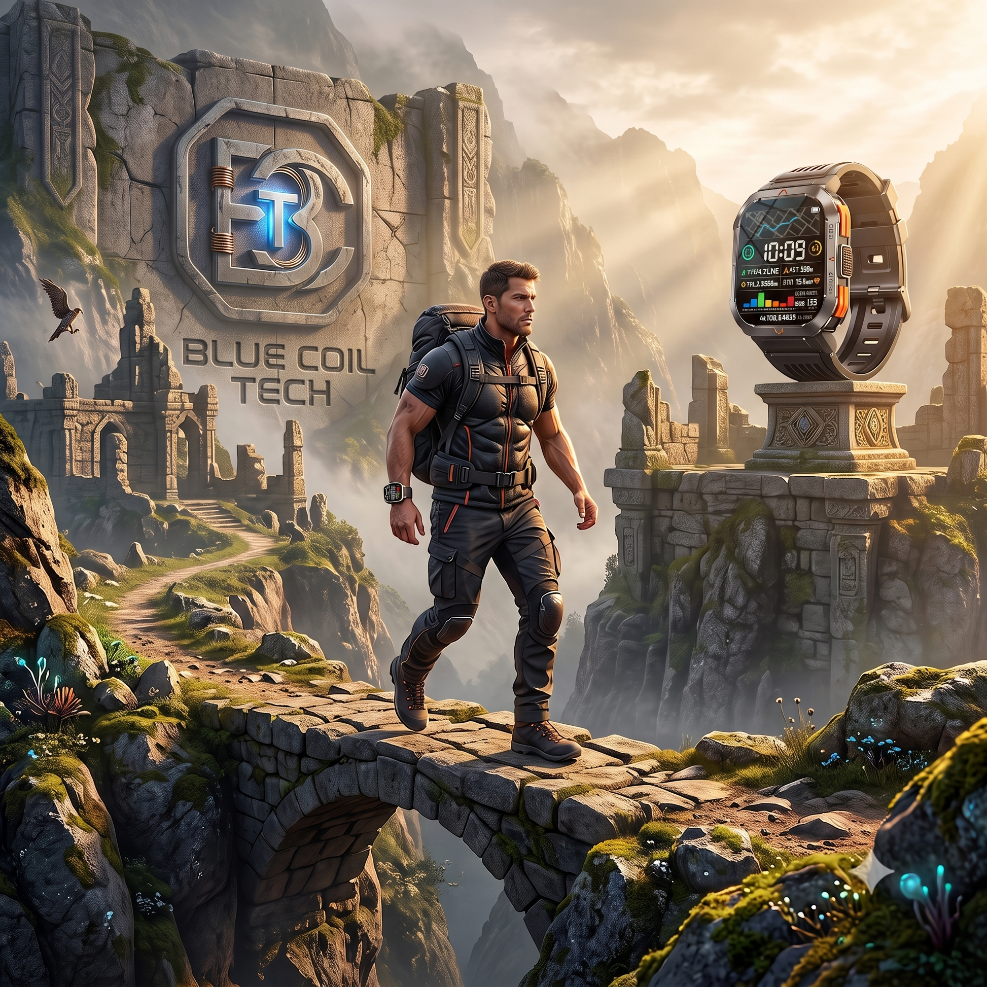 Hiker on stone bridge passing massive Blue Coil Tech logo and floating tactical smartwatch monument in ancient ruins.