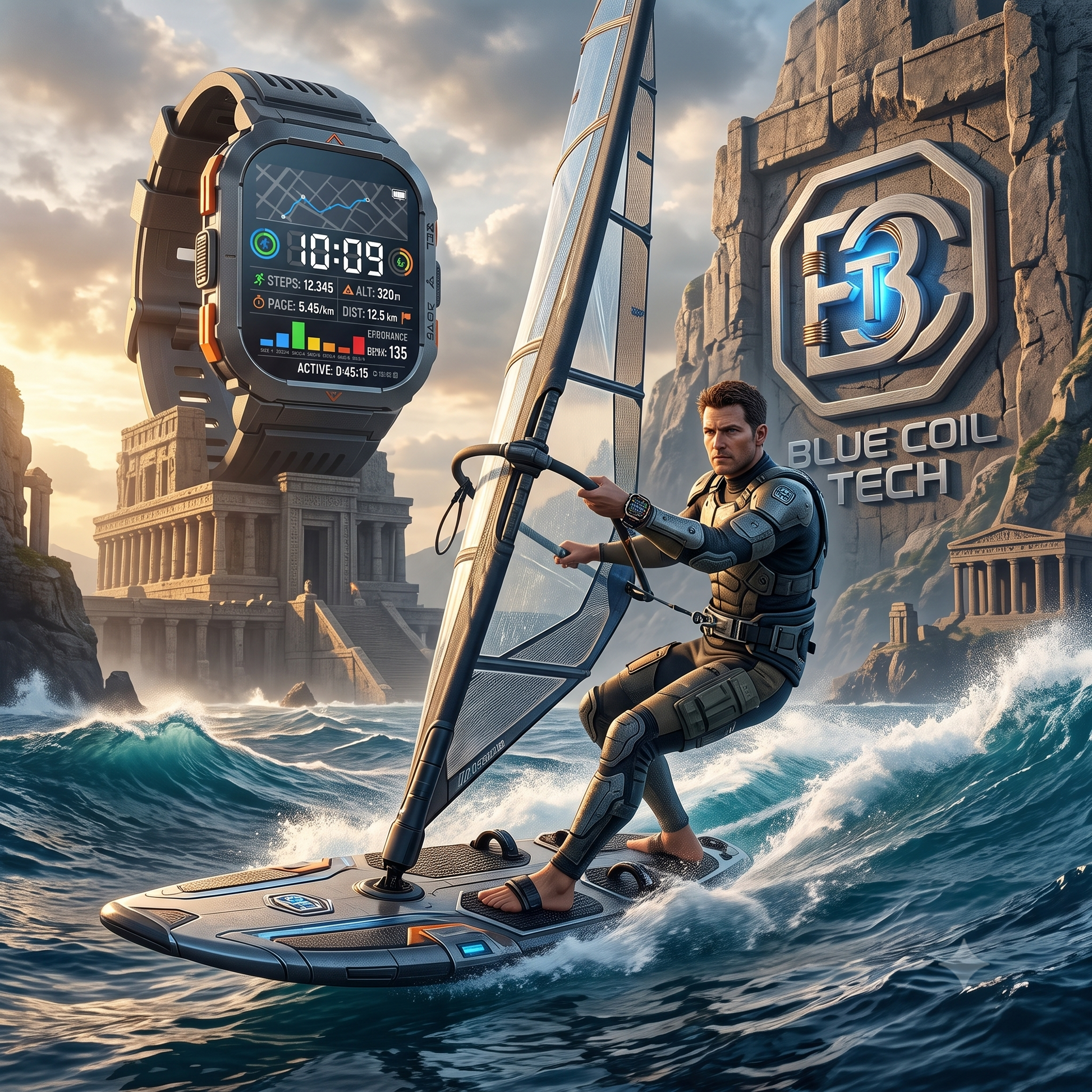 Man windsurfing past a massive Bue Coil Tech tactical smartwatch hovering above ancient ocean ruins.