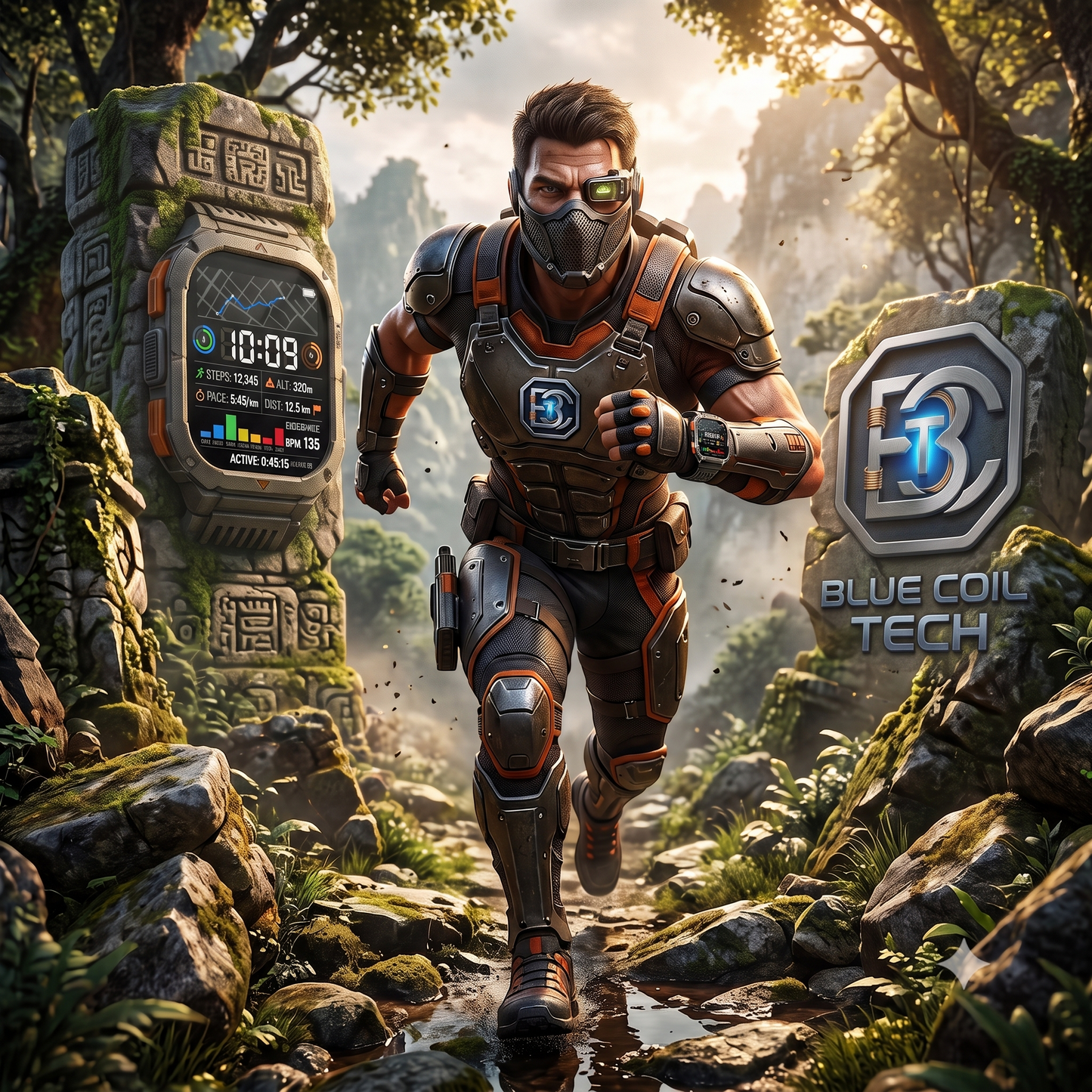 Maskd man in tactical gear unning on jungle trail past foating smartwatch an Blue Coil Tech stone ruins.