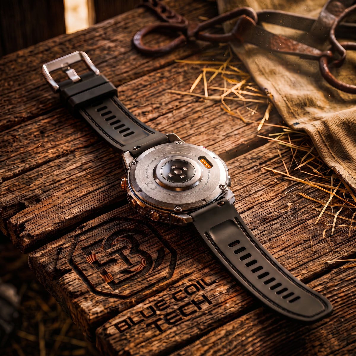 A rugged smartwatch with a black strap and metallic silver case back, resting on a rustic wooden surface with straw and chain props. The brand name 'BLUE COIL TECH' is engraved on the wood.