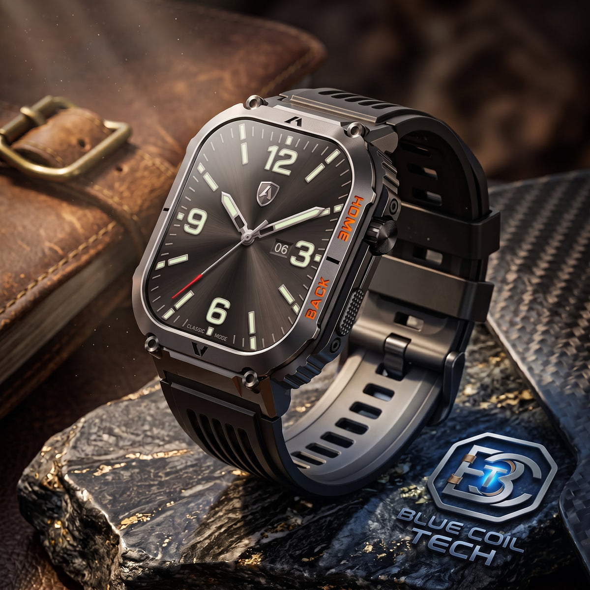 A rugged black smartwatch with a rectangular face and textured strap, styled on a dark stone surface next to a brown leather wallet. The watch face is black with white numerals and hands, and orange brand accents.