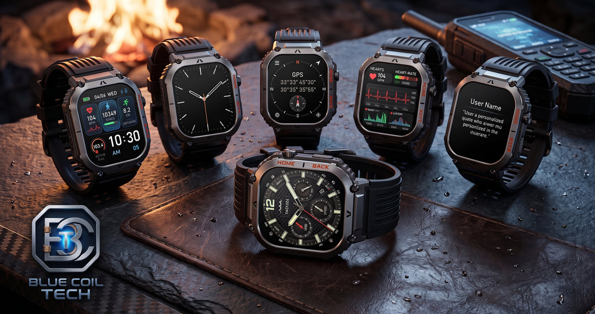 Five rugged smartwatches with black and dark gray metal cases and straps are arranged on a dark textured surface with a campfire in the background. One watch face displays a waveform monitor, another a GPS timer, and others show time and user interface screens.