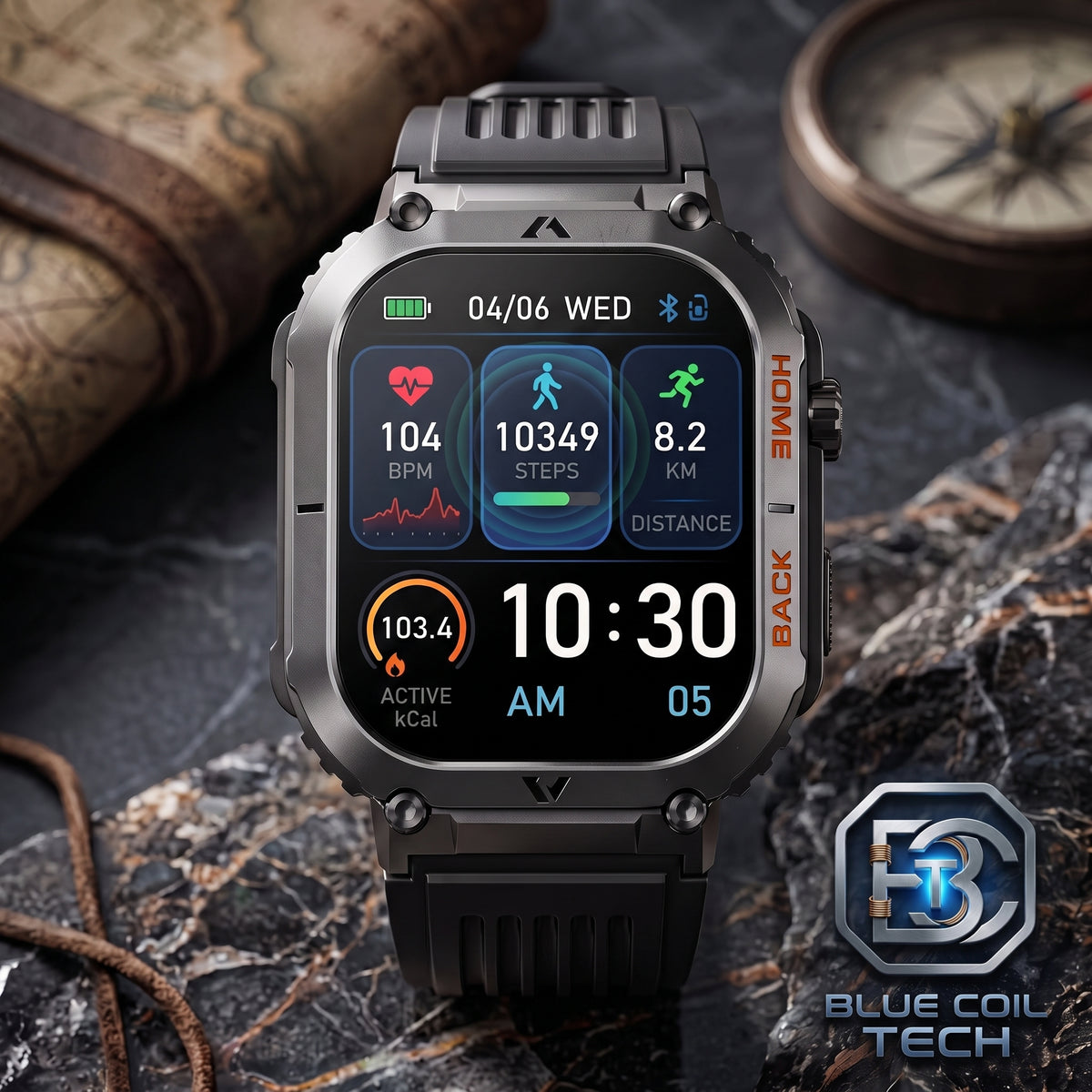 A rugged smartwatch with a black and dark gray protective metal case and black strap, shown in a styled outdoor setting with a compass and leather strap in the background. The watch screen displays fitness metrics.
