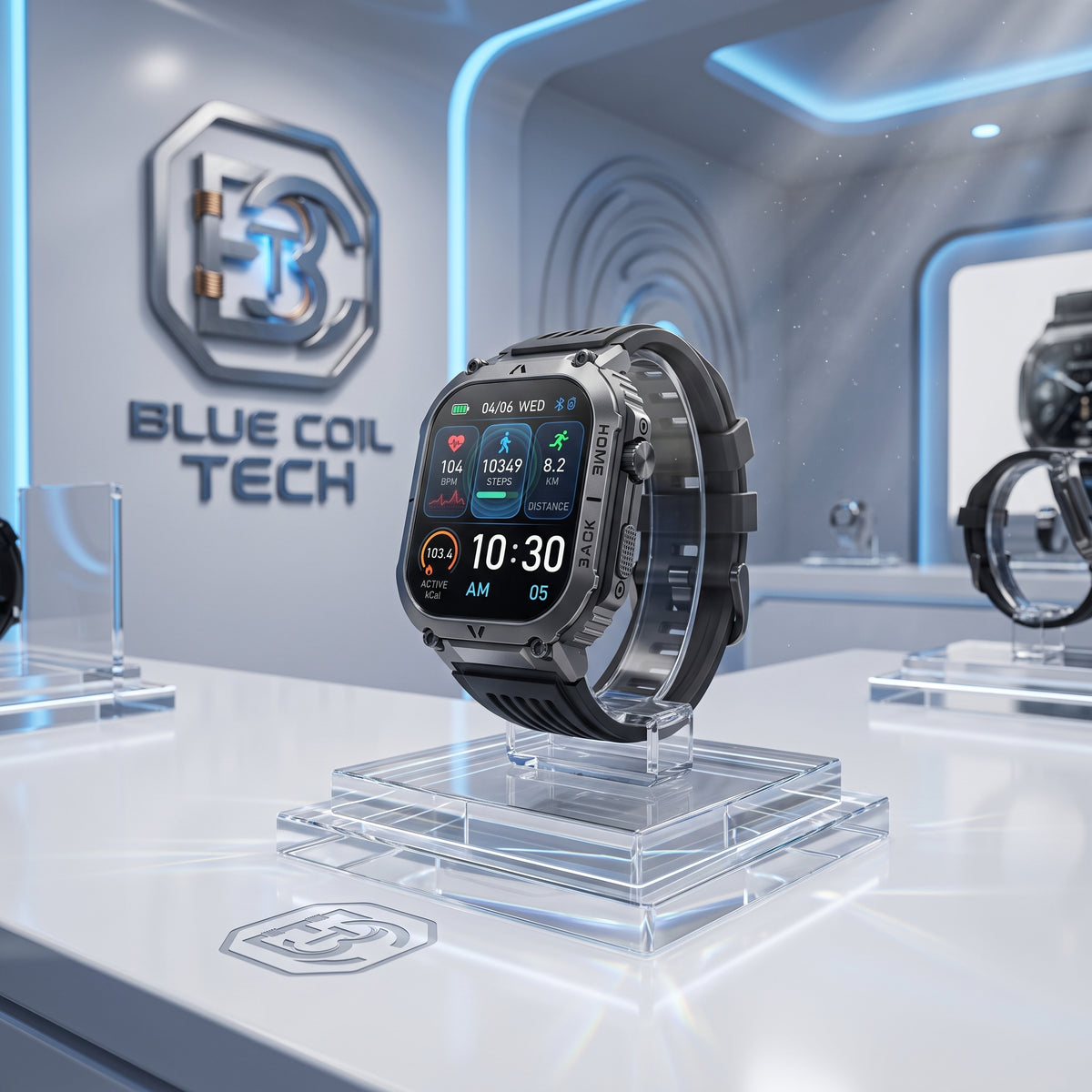 A rugged smartwatch with a black and silver metallic case and black strap, displayed on a clear acrylic stand in a futuristic Blue Coil Tech showroom.