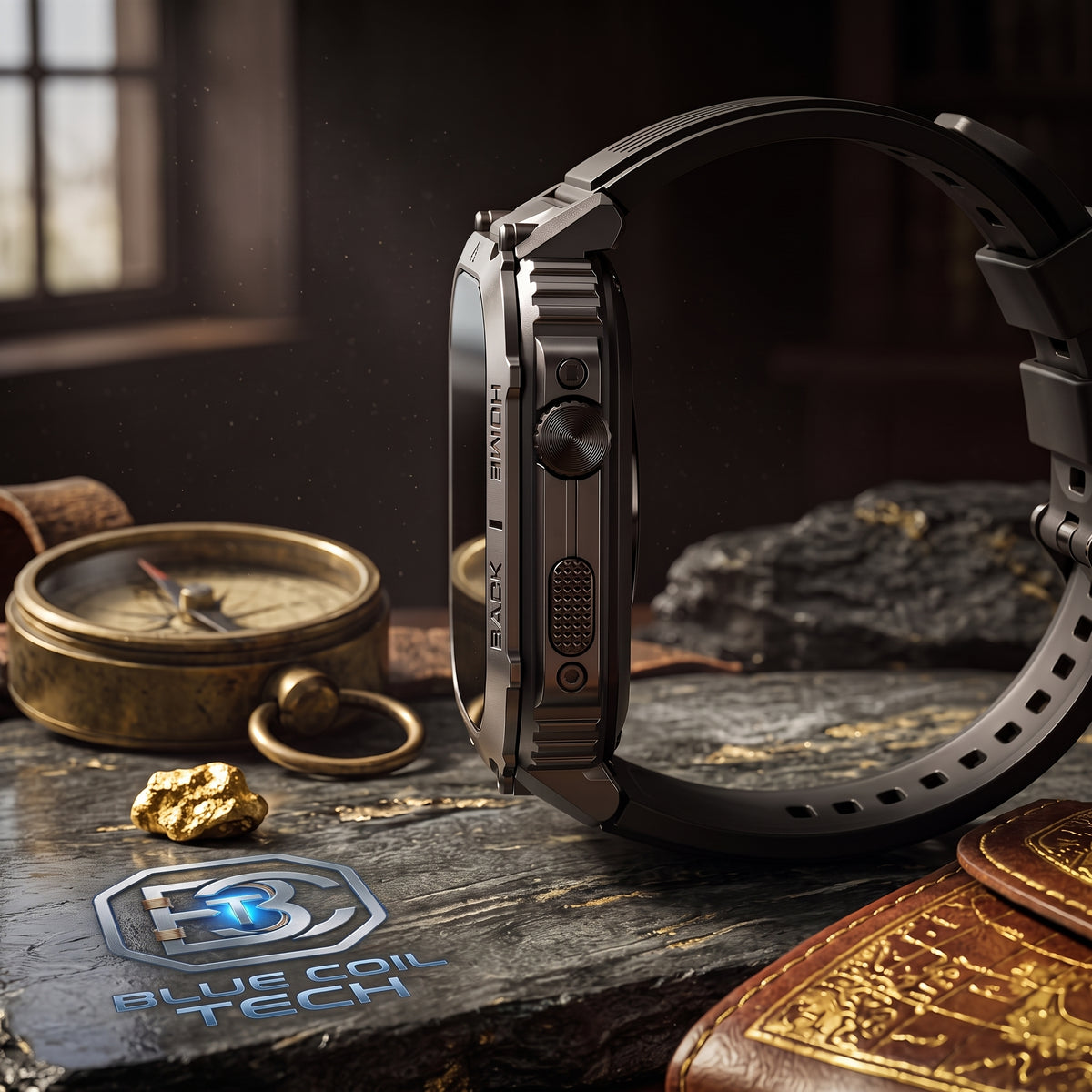 A rugged smartwatch with a dark metallic frame and black strap, shown in a moody, vintage-style setting with a compass, gold nugget, and leather journal. The Blue Coil Tech logo is visible in the bottom-left corner.